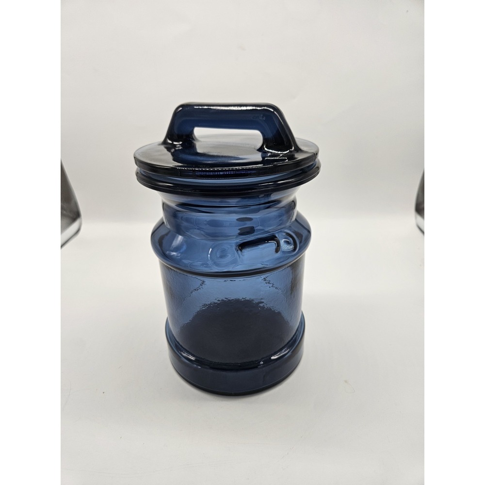 Vintage LE Smith Cobalt Blue Glass Lidded Apothecary Jar Canister Milk Can Shape